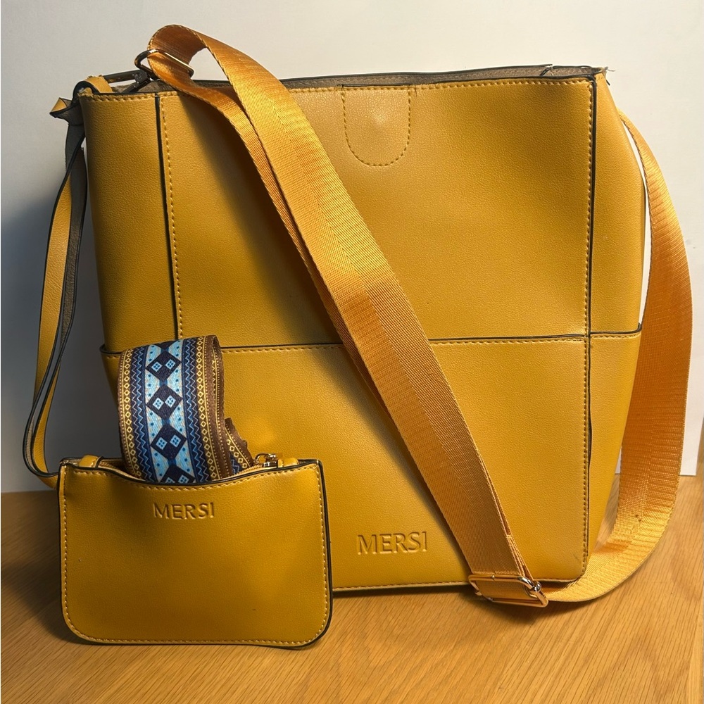 MERSI Leather Gold Crossbody Bucket Bag Set